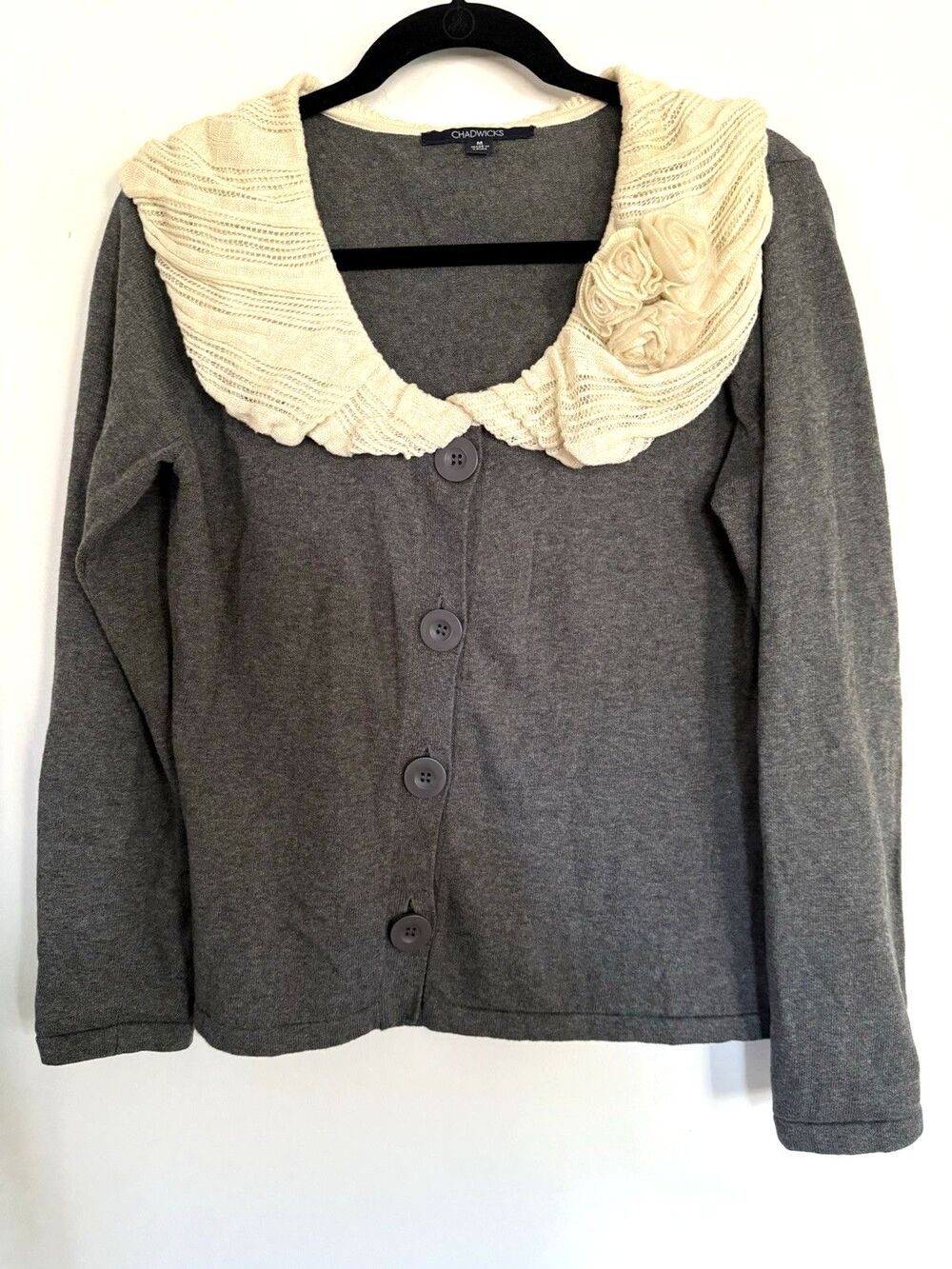 Vintage Chadwick’s Gray Sweater Cream Crocheted Collar Medium Coquette Lace Cott - Picture 1 of 8